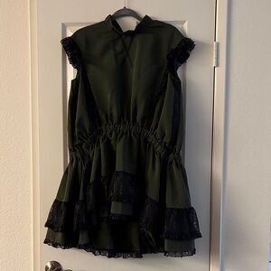 Sandy Liang Dark Green Mini Dress with Black Lace